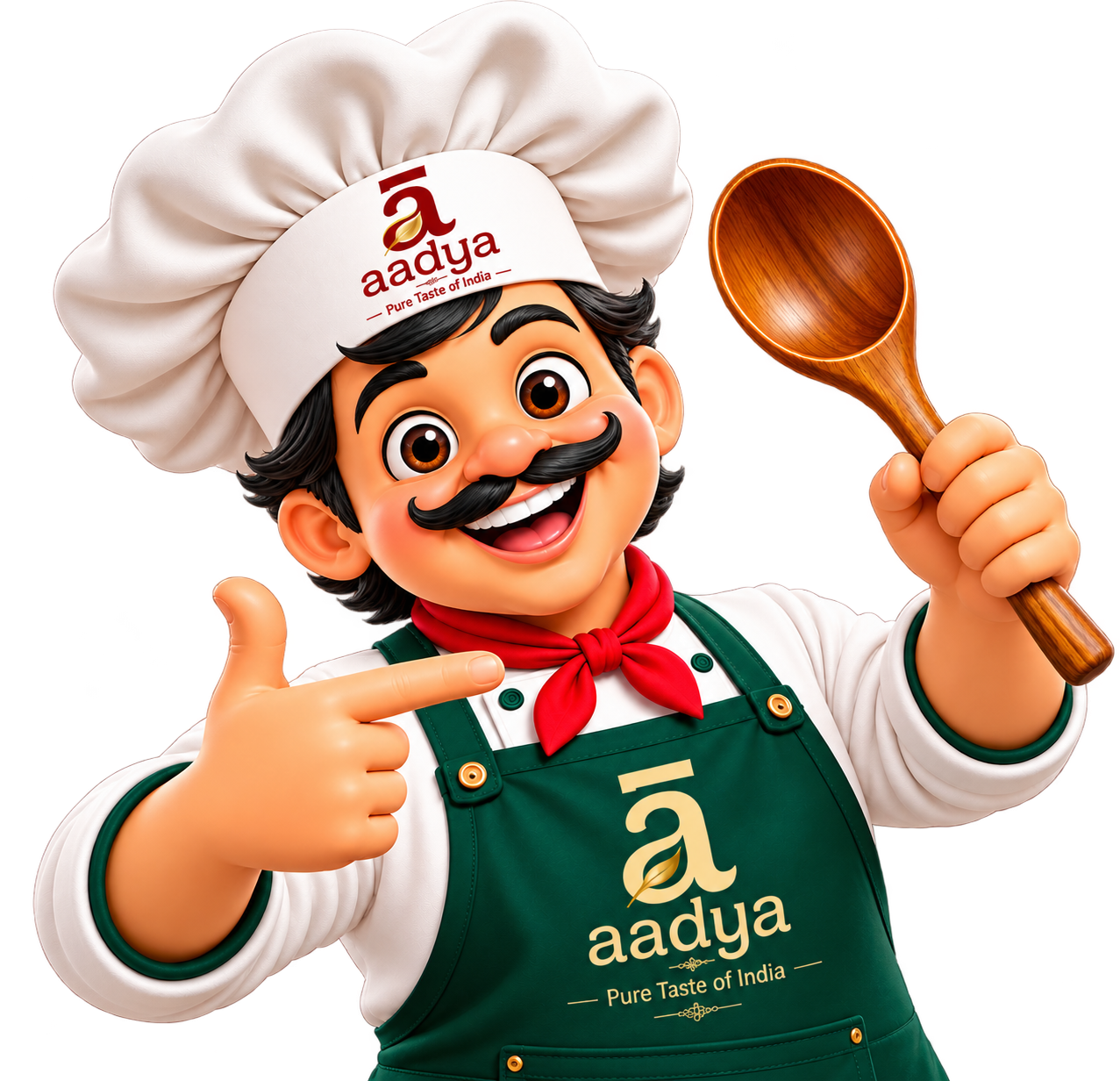Aadya chef mascot pointing at the Aadya logo